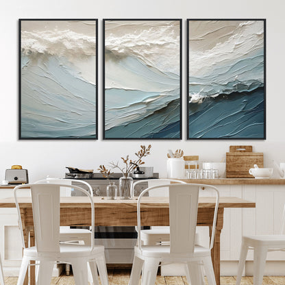 Textured canvas of ocean waves in soft coastal blues and creamy whites, ideal for modern or minimalist coastal-style interiors.