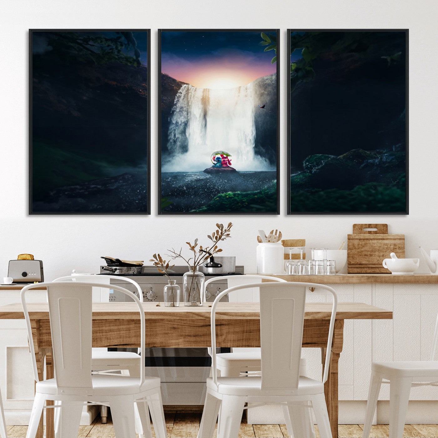 Romantic scene of Stitch and Angel sitting under a leaf in front of a glowing waterfall, ideal for tropical or fantasy-themed decor.