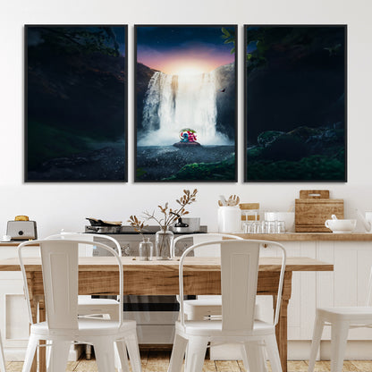 Romantic scene of Stitch and Angel sitting under a leaf in front of a glowing waterfall, ideal for tropical or fantasy-themed decor.