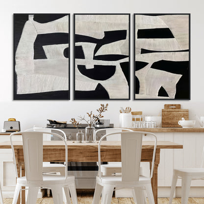 Minimalist black and white canvas featuring bold abstract textures and geometric shapes, ideal for modern neutral decor.