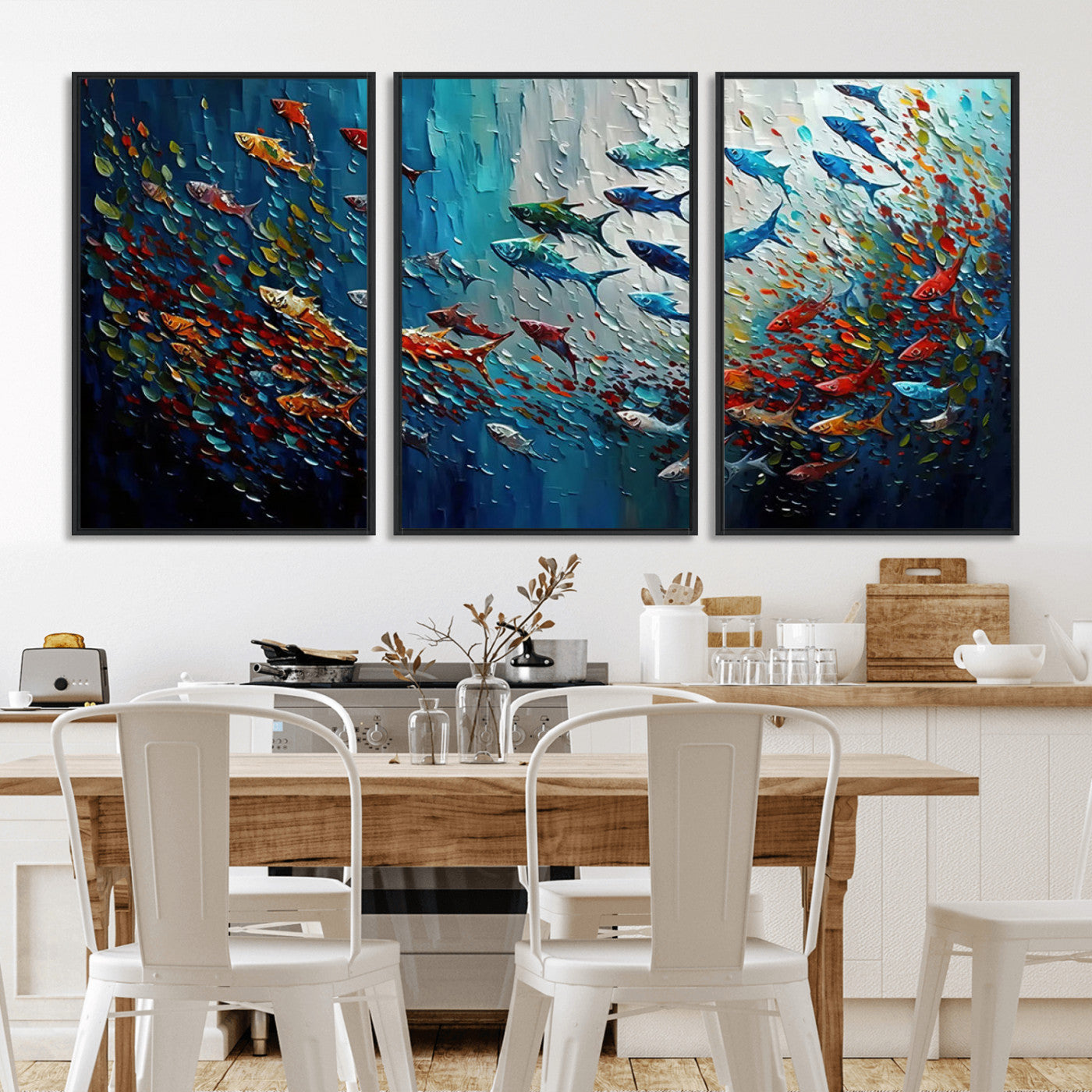Colorful painting of fish swimming in abstract ocean swirls, perfect for vibrant marine-themed or expressive coastal home decor.