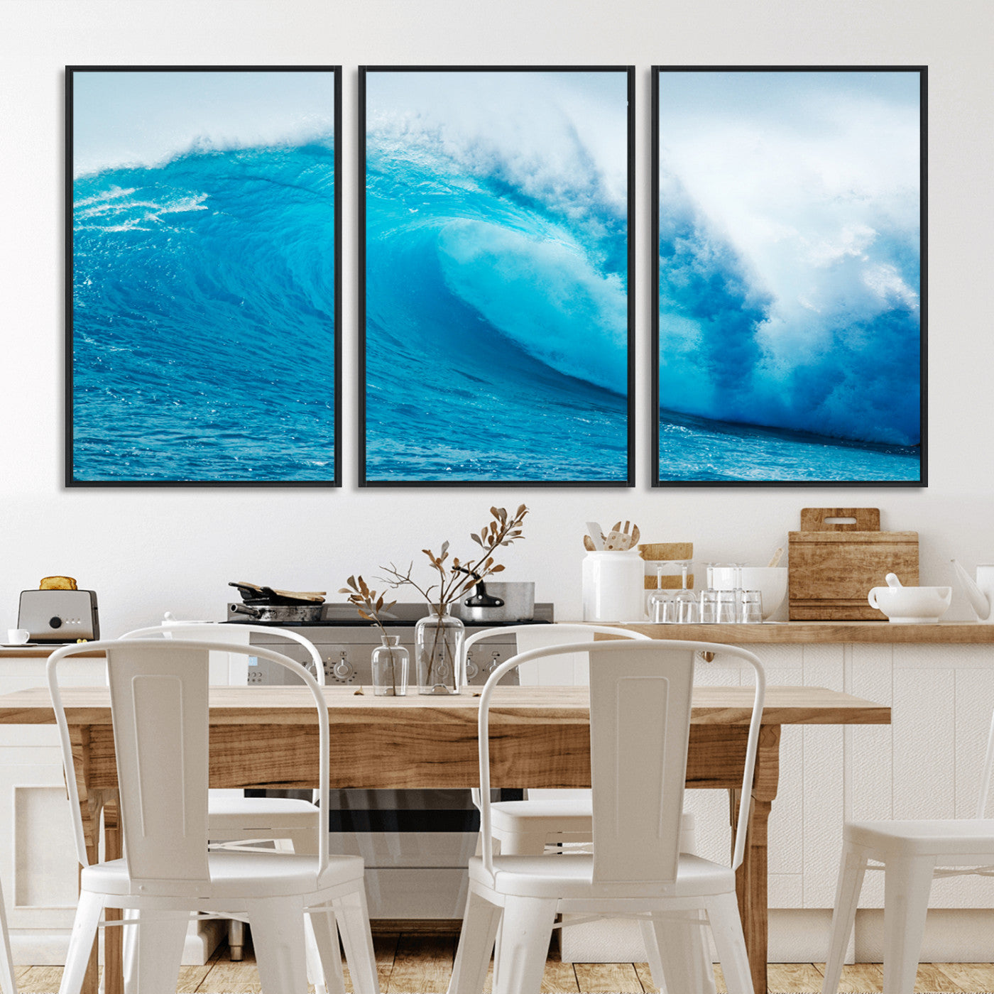 Vibrant canvas of a powerful curling ocean wave in tropical blue tones, perfect for coastal or surf-inspired decor settings.