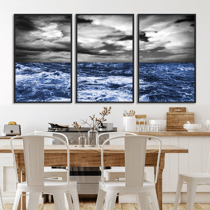 Moody canvas wall art of a stormy ocean under a dramatic black-and-white sky, perfect for bold or coastal-style interiors.
