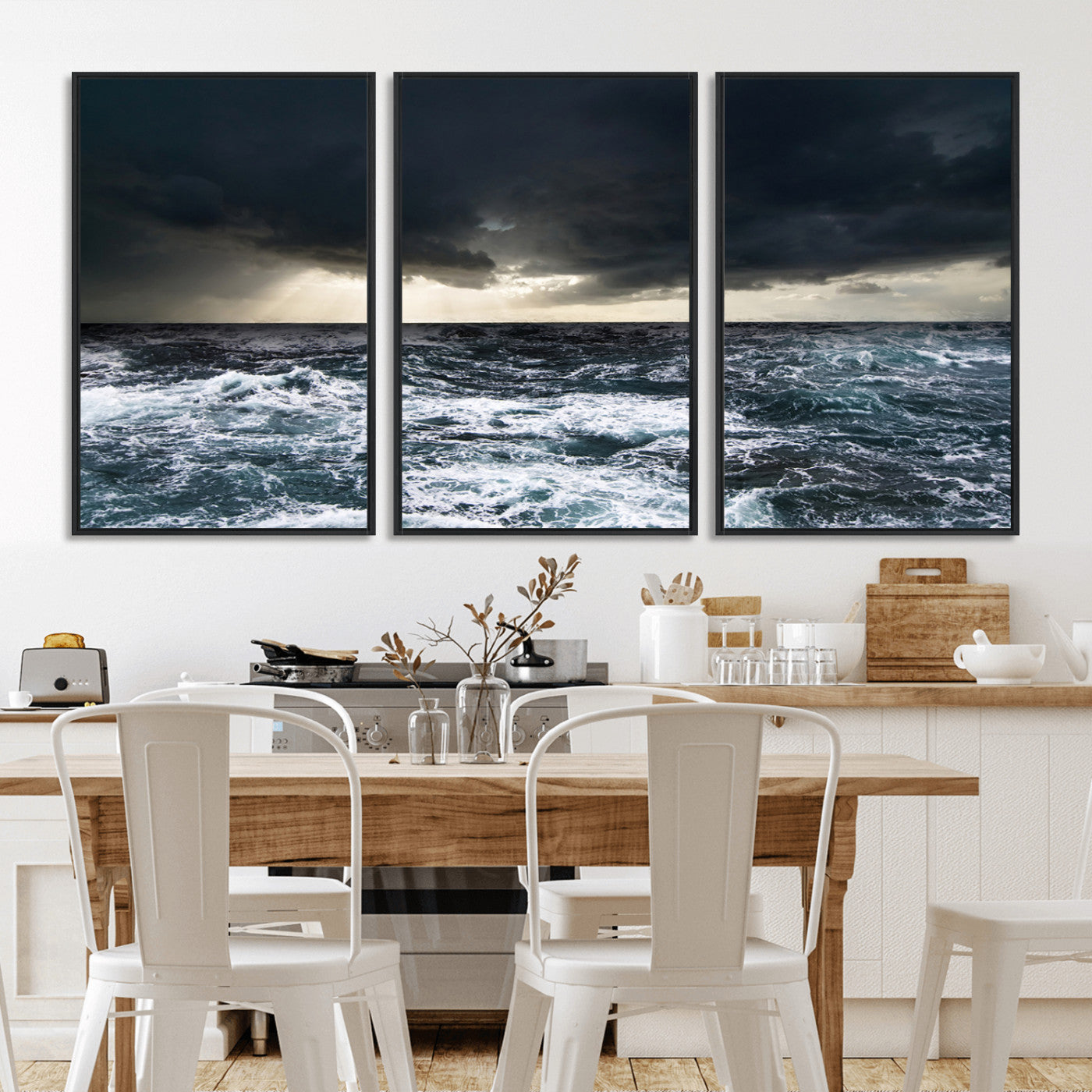 Moody ocean scene with stormy skies and crashing waves, perfect for dramatic or coastal-style home wall decor.