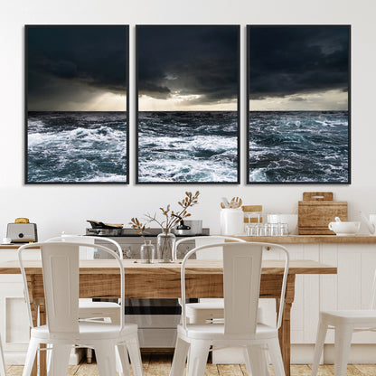 Moody ocean scene with stormy skies and crashing waves, perfect for dramatic or coastal-style home wall decor.