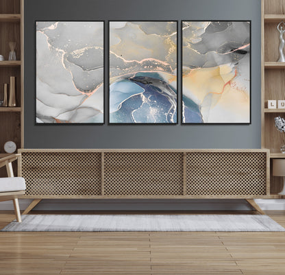 63211-MGV-FC-60X30-3P_Black-Abstract Fluid Art Wall Decor – Blue, Gray & Gold Canvas Print, Modern Home and Office Wall Art Decor for Living Room, Bedroom or Workspace