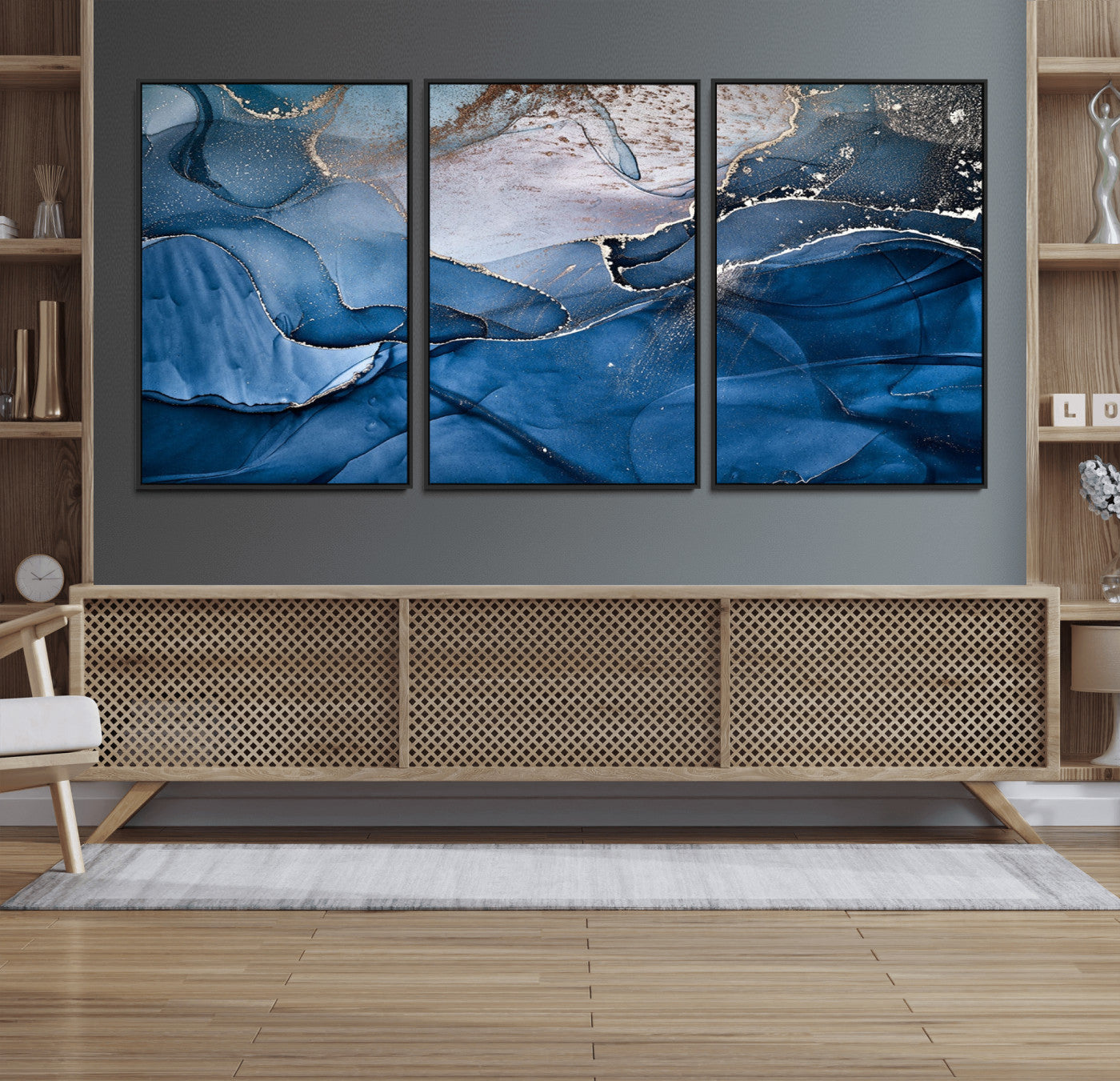 27810-MGV-FC-60X30-3P_Black-Abstract Blue Gold Fluid Art Wall Decor – Modern Canvas Print, Elegant Home & Office Wall Art, Stylish Living Room or Bedroom Decoration