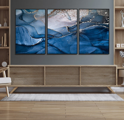 27810-MGV-FC-60X30-3P_Black-Abstract Blue Gold Fluid Art Wall Decor – Modern Canvas Print, Elegant Home & Office Wall Art, Stylish Living Room or Bedroom Decoration