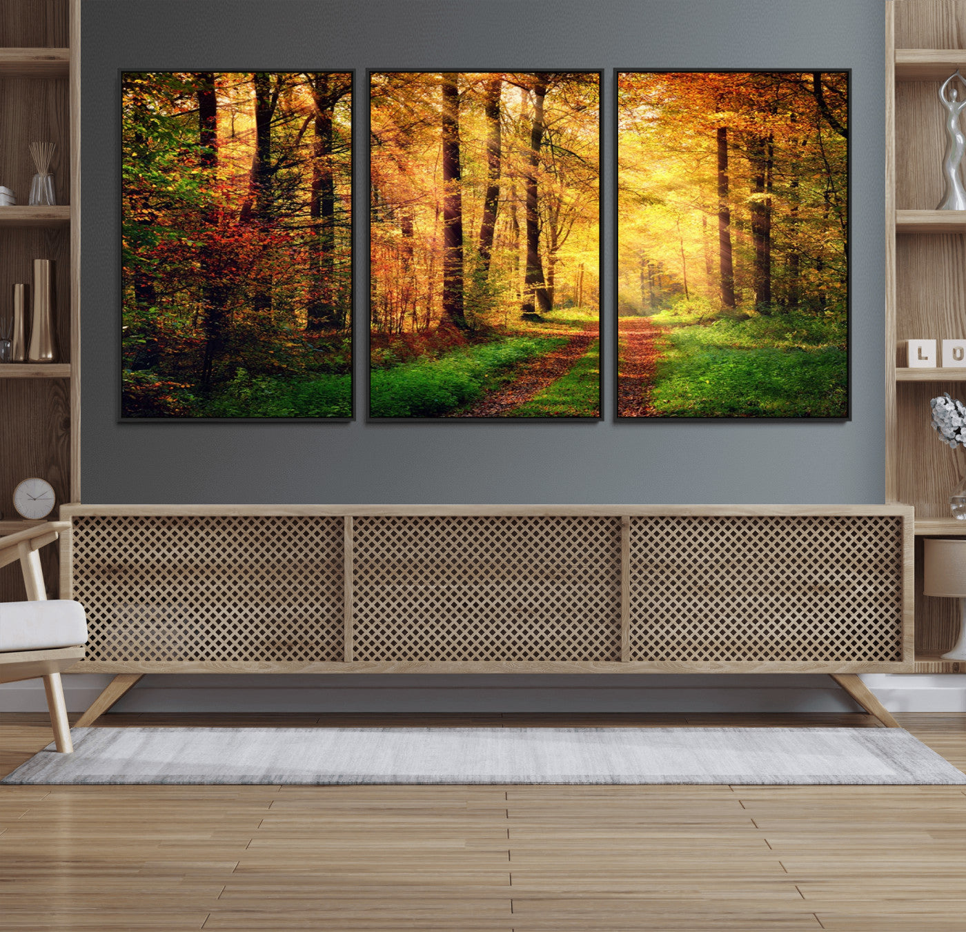73494-MGV-FC-60X30-3P_Black-Golden Autumn Forest Path Wall Art – Sunlit Woodland Canvas Print, Fall Nature Landscape Home Decor