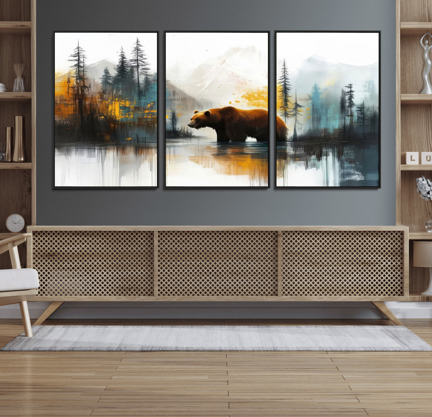 A majestic bear stands by the serene waters of a misty forest, surrounded by towering trees and distant mountains, evoking the raw beauty and wild spirit of nature.