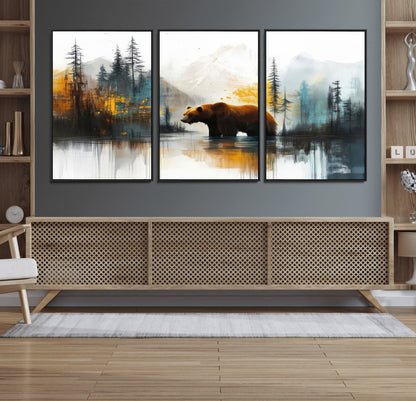 A majestic bear stands by the serene waters of a misty forest, surrounded by towering trees and distant mountains, evoking the raw beauty and wild spirit of nature.