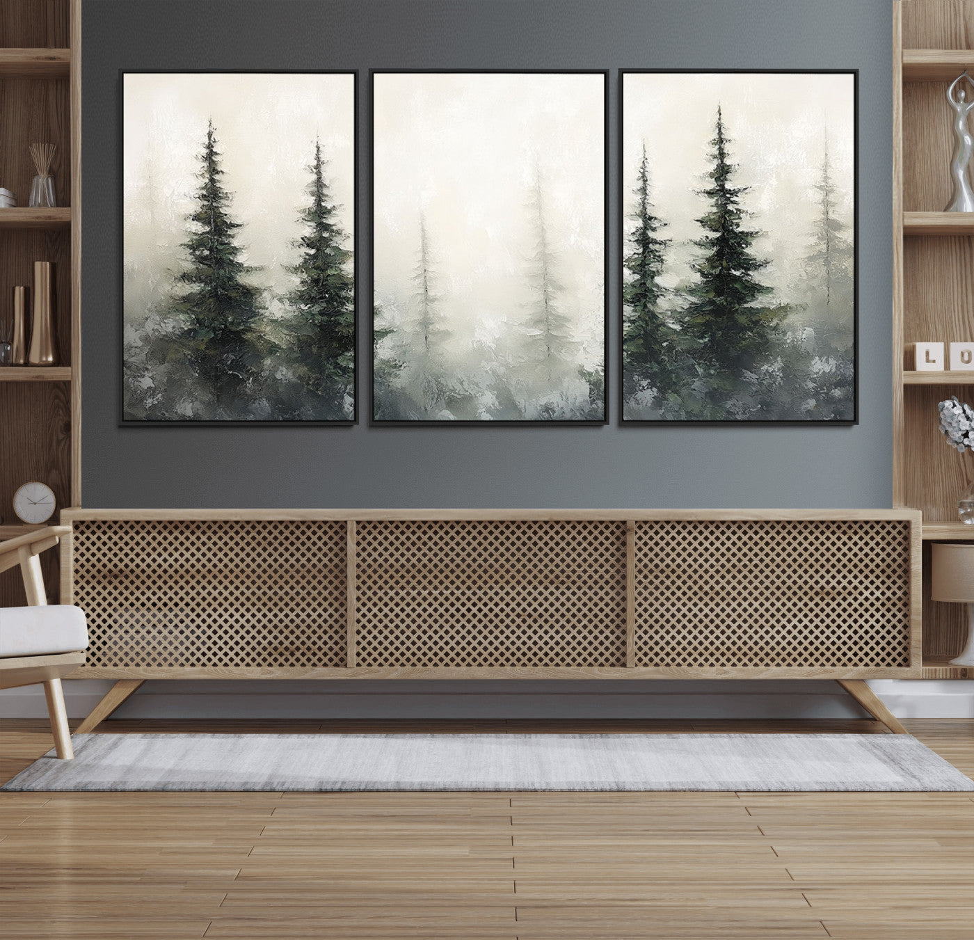 Soft and misty pine forest painting in neutral earthy tones, ideal for calm woodland or minimalist rustic home decor.
