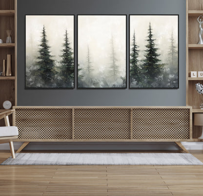 Soft and misty pine forest painting in neutral earthy tones, ideal for calm woodland or minimalist rustic home decor.