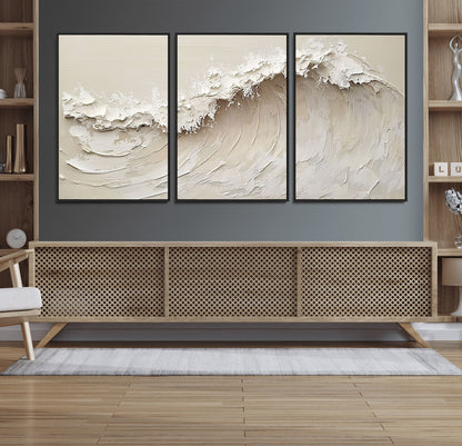 Textured canvas of an abstract white ocean wave in neutral tones, ideal for modern coastal or minimalist home decor.