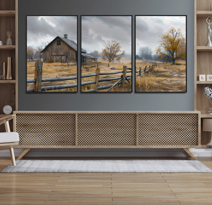 A tranquil rural scene featuring a rustic barn, overcast skies, and golden fields with scattered trees, evoking a sense of peaceful solitude in nature.