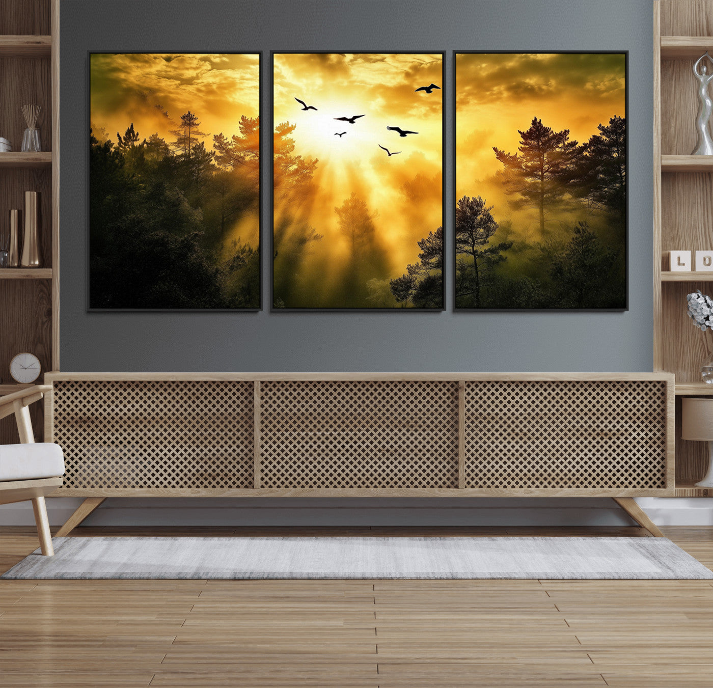 Canvas of a golden forest at sunset with birds flying through glowing sunbeams and silhouetted pine trees, ideal for warm-toned rustic decor.