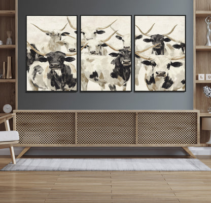 Canvas of a Texas Longhorn cattle herd in neutral black and white tones, ideal for rustic farmhouse or western-themed decor.