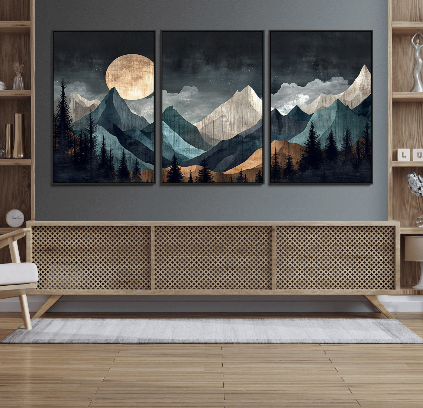 Stylized canvas of layered mountains under a full moon in neutral moody tones, ideal for nature-inspired or modern rustic interiors.