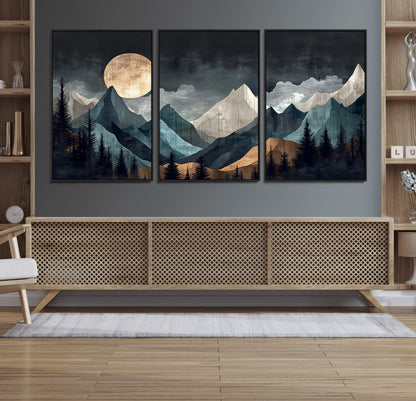 Stylized canvas of layered mountains under a full moon in neutral moody tones, ideal for nature-inspired or modern rustic interiors.