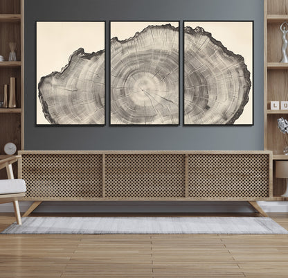 Detailed tree ring drawing in monochrome tones, ideal for rustic or nature-inspired interiors with a minimal decor aesthetic.