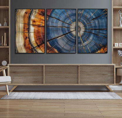 A stunning close-up view of a tree trunk, showcasing the intricate growth rings in a vibrant mix of warm browns, cool blues, and hints of natural texture.