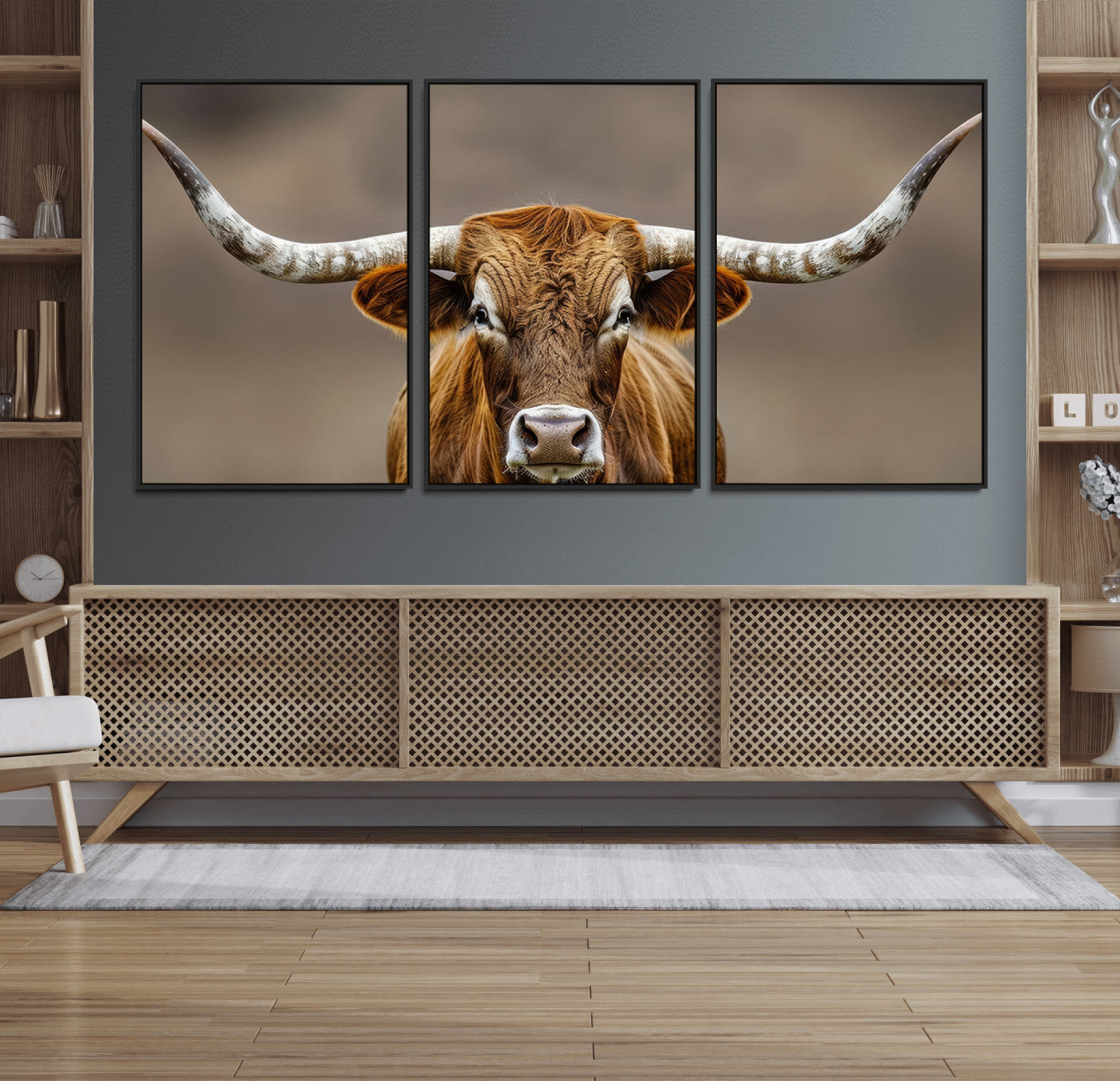 Close-up of a Texas Longhorn with strong curved horns and warm brown tones, perfect for rustic or western-style wall decor.