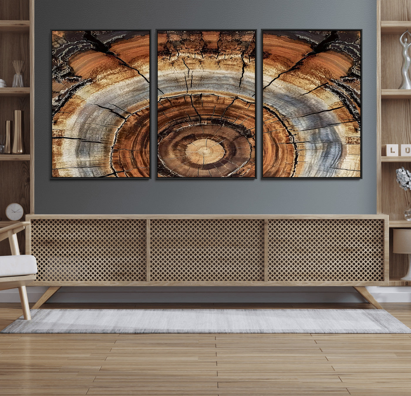 Canvas of tree rings and natural wood grain in earthy tones, ideal for rustic or vintage-inspired home decor with organic textures.