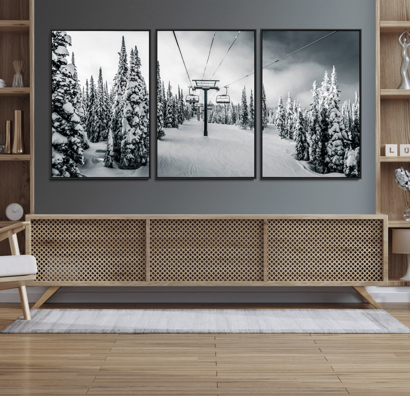 Canvas of a snowy ski lift scene through a forest of tall pine trees, ideal for moody winter or alpine-themed home decor.