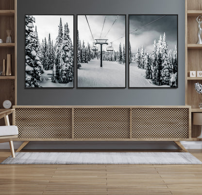 Canvas of a snowy ski lift scene through a forest of tall pine trees, ideal for moody winter or alpine-themed home decor.