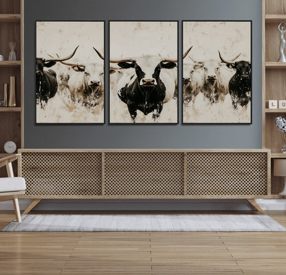 Illustrated herd of longhorn cattle in black and white tones with a neutral textured background, perfect for rustic or farmhouse-style decor.