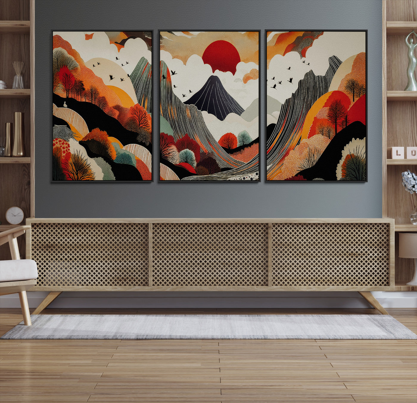 Abstract Mountain Wall Art Canvas Print, Vibrant Landscape Print, Framed Stylized Nature Drawing Art Print, Large Sunset Mountains Printing Perfect for Contemporary Minimalist Decor