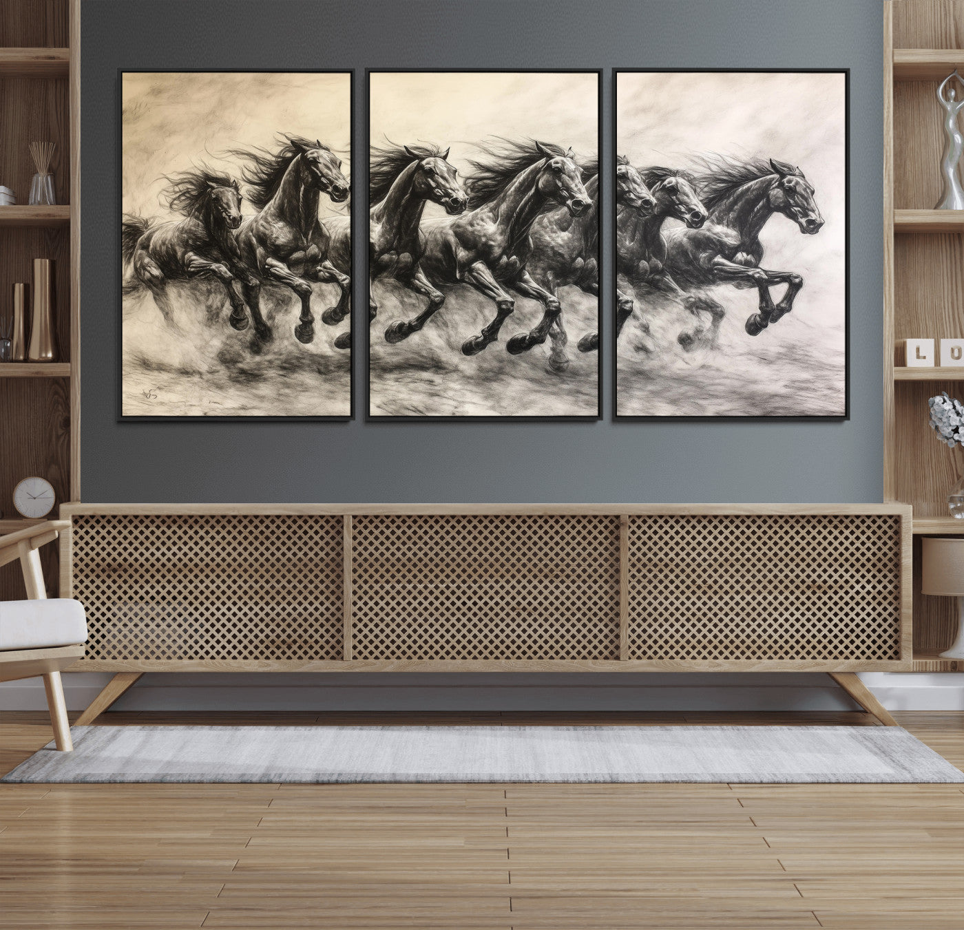 Monochrome drawing of a herd of galloping horses, perfect for dynamic and wild-themed decor in any equestrian or nature-inspired room.