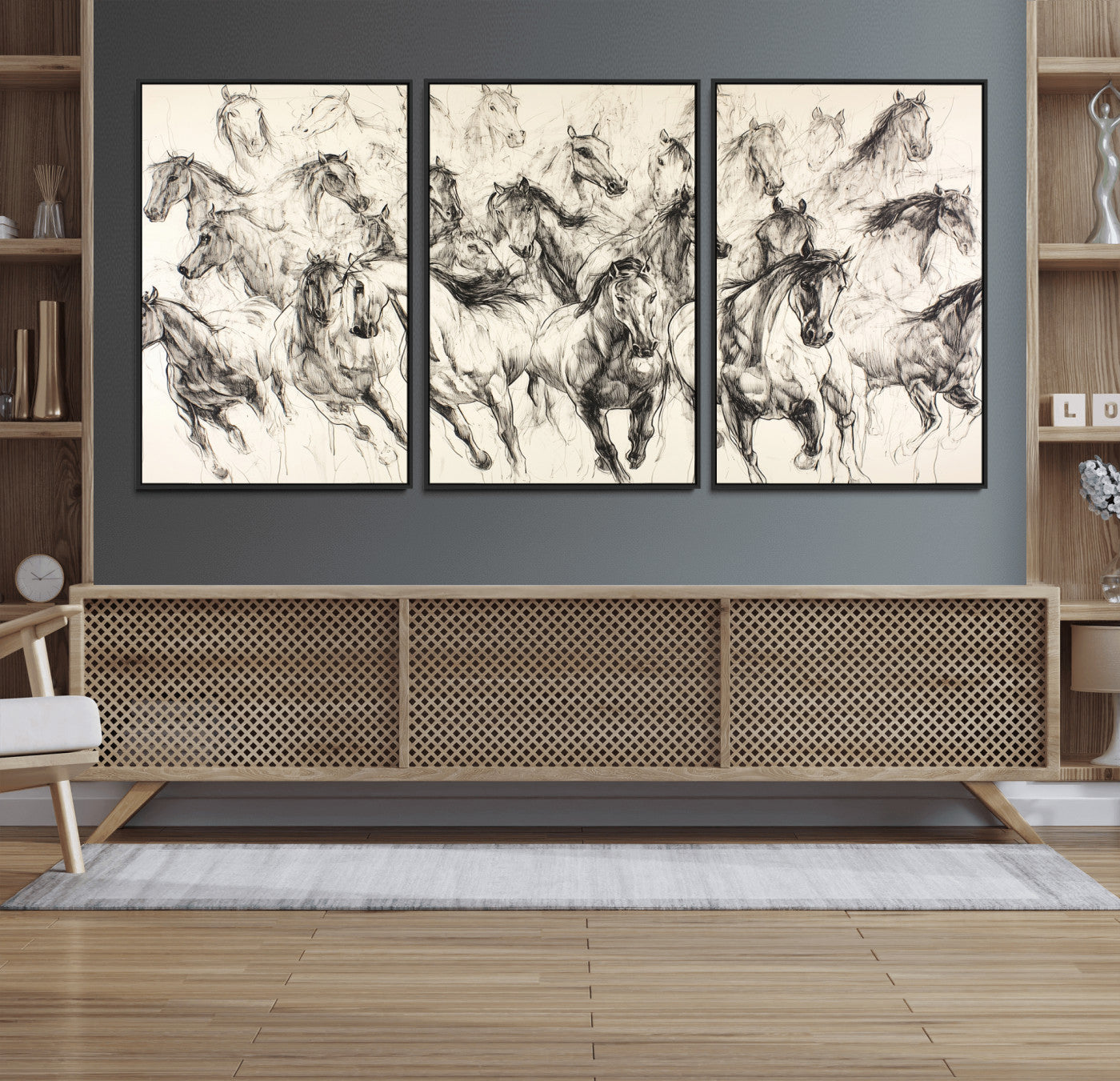 Monochrome ink sketch of galloping horses in dynamic motion, perfect for western or equine-themed wall decor with bold artistic energy.