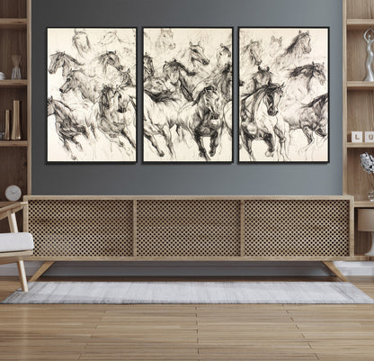 Monochrome ink sketch of galloping horses in dynamic motion, perfect for western or equine-themed wall decor with bold artistic energy.