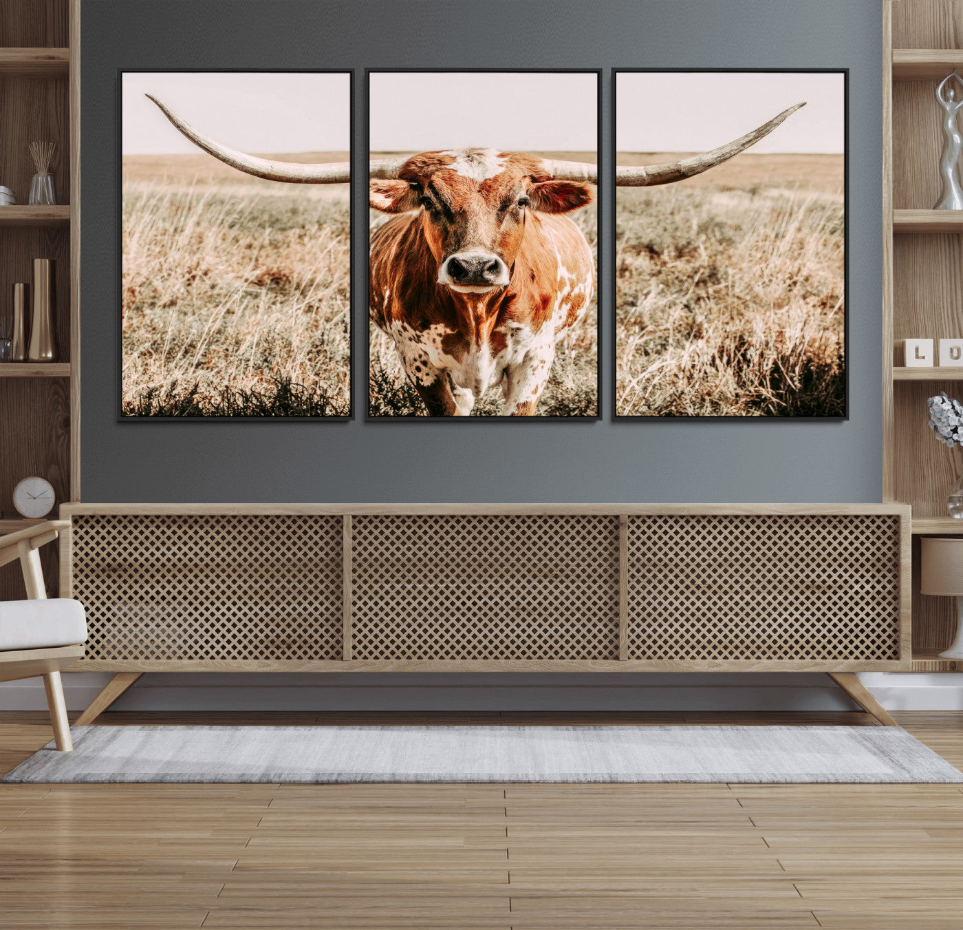 Framed longhorn cow canvas wall art with rustic prairie background, western animal print perfect for farmhouse or ranch style decor