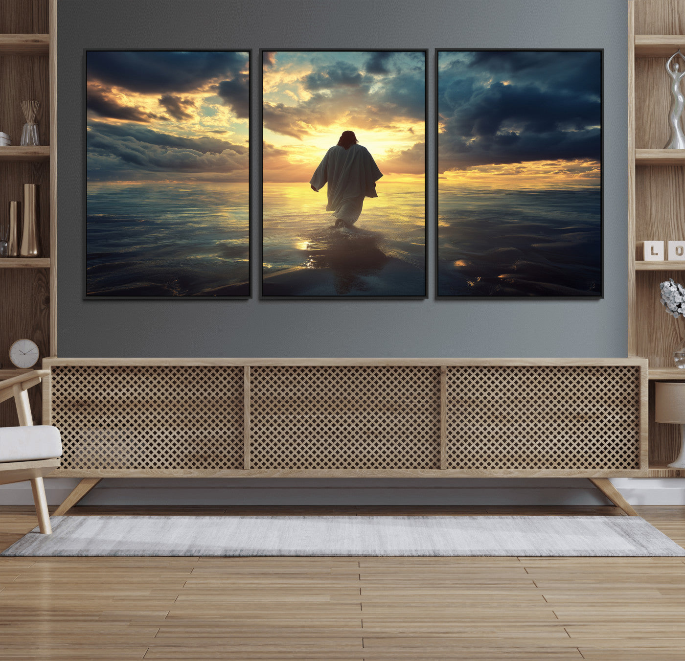 Spiritual artwork of Jesus walking on water at golden hour with divine light, ideal for Christian home decor or prayer room.