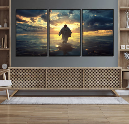 Spiritual artwork of Jesus walking on water at golden hour with divine light, ideal for Christian home decor or prayer room.