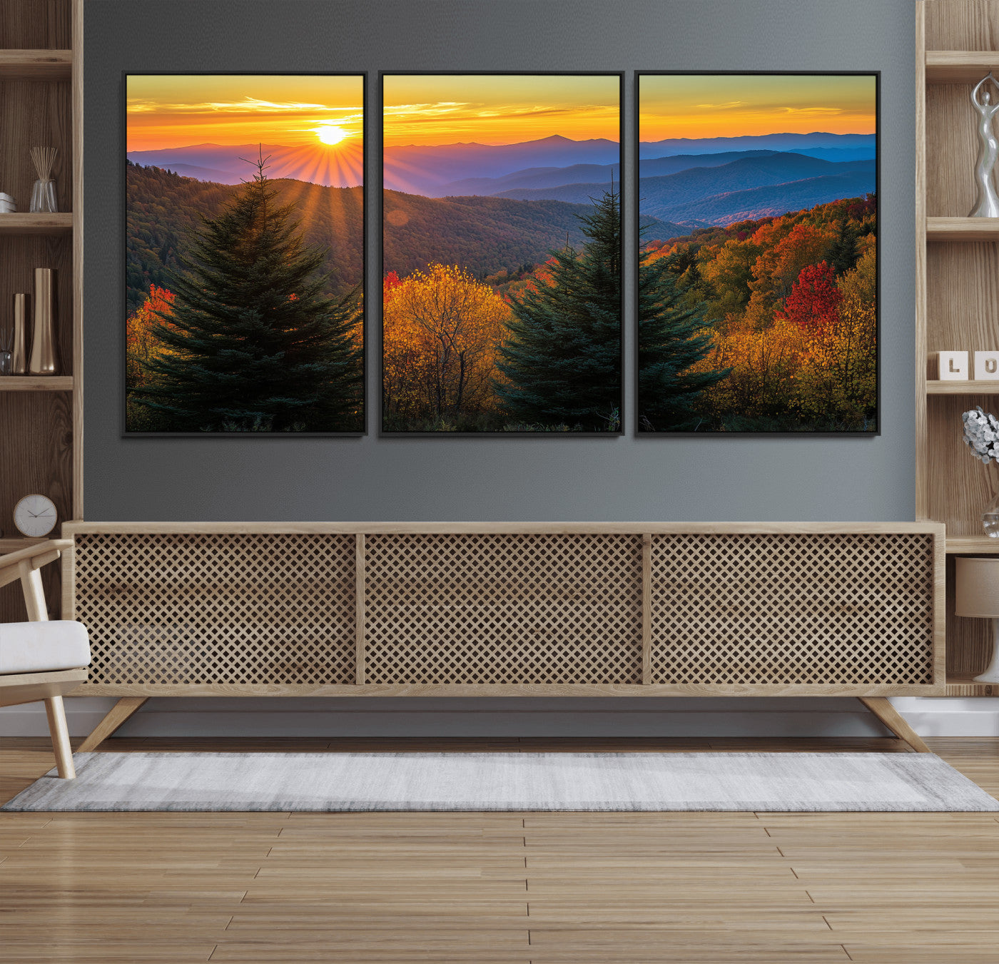 Vibrant sunset over autumn mountains with colorful trees and warm light, ideal for nature lovers or cabin-style wall decor.
