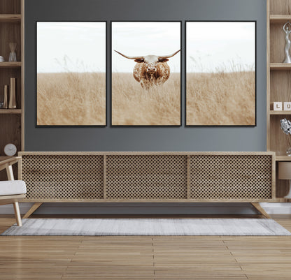 Texas Longhorn bull standing alone in dry grass with neutral tones, ideal for rustic western or cowboy-themed wall decor.