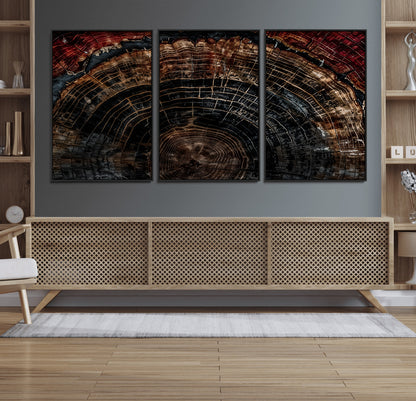 Dark Wood Wall Art Print - Petrified Tree Canvas Print, featuring an intricate tree ring pattern with deep earthy tones and organic textures, perfect for rustic and nature-inspired decor.