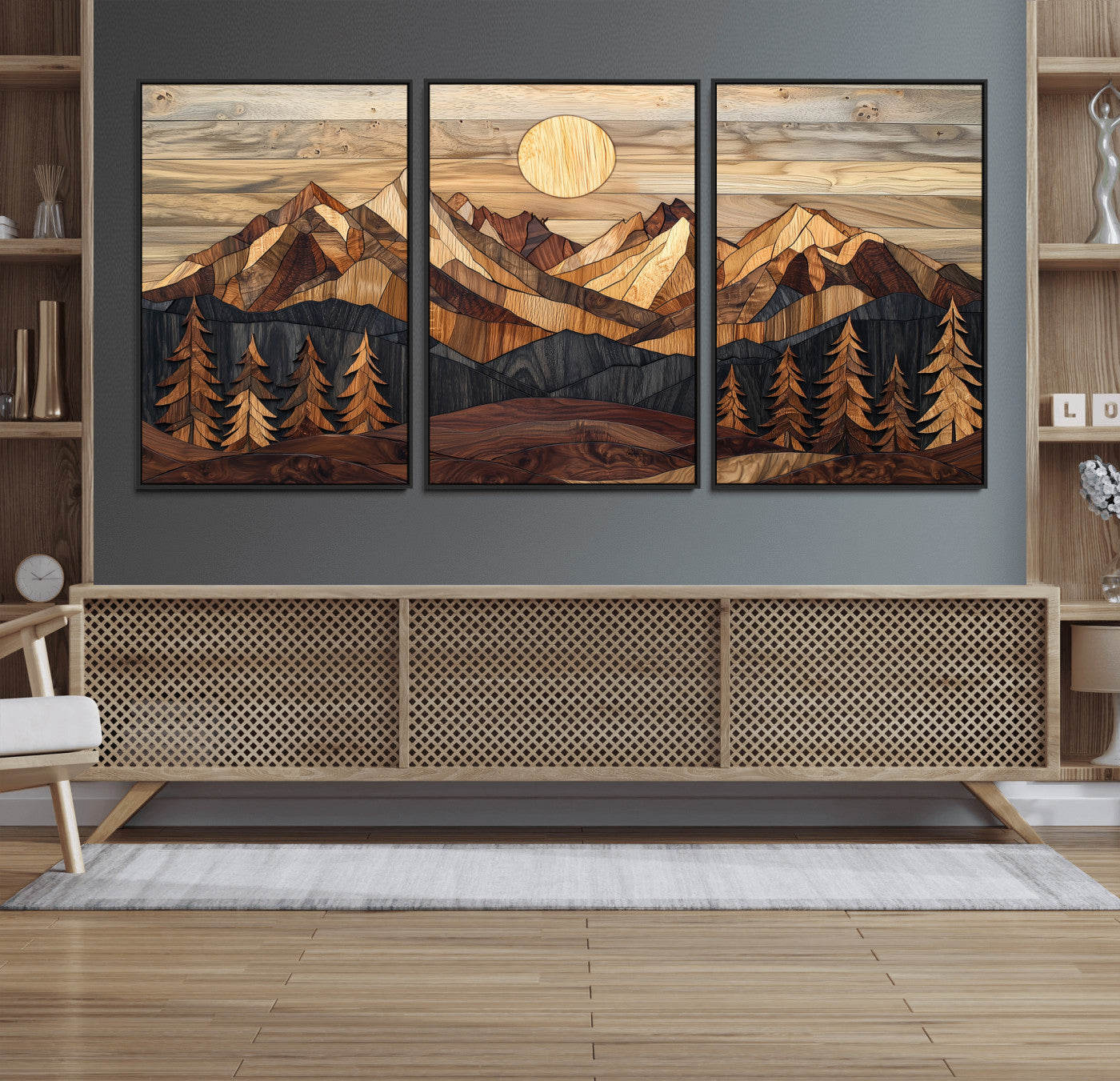 Mountain Landscape Wall Art Print - Sunset Hills Canvas Print, featuring an abstract nature scene with earthy tones and misty peaks, perfect for boho and modern decor.