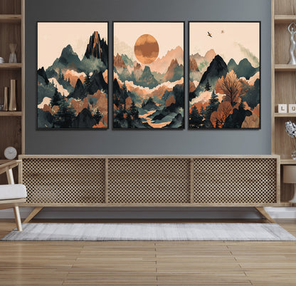 Mountain Landscape Wall Art Print - Sunset Hills Canvas Print, featuring an abstract nature scene with earthy tones and misty peaks, perfect for boho and modern decor.