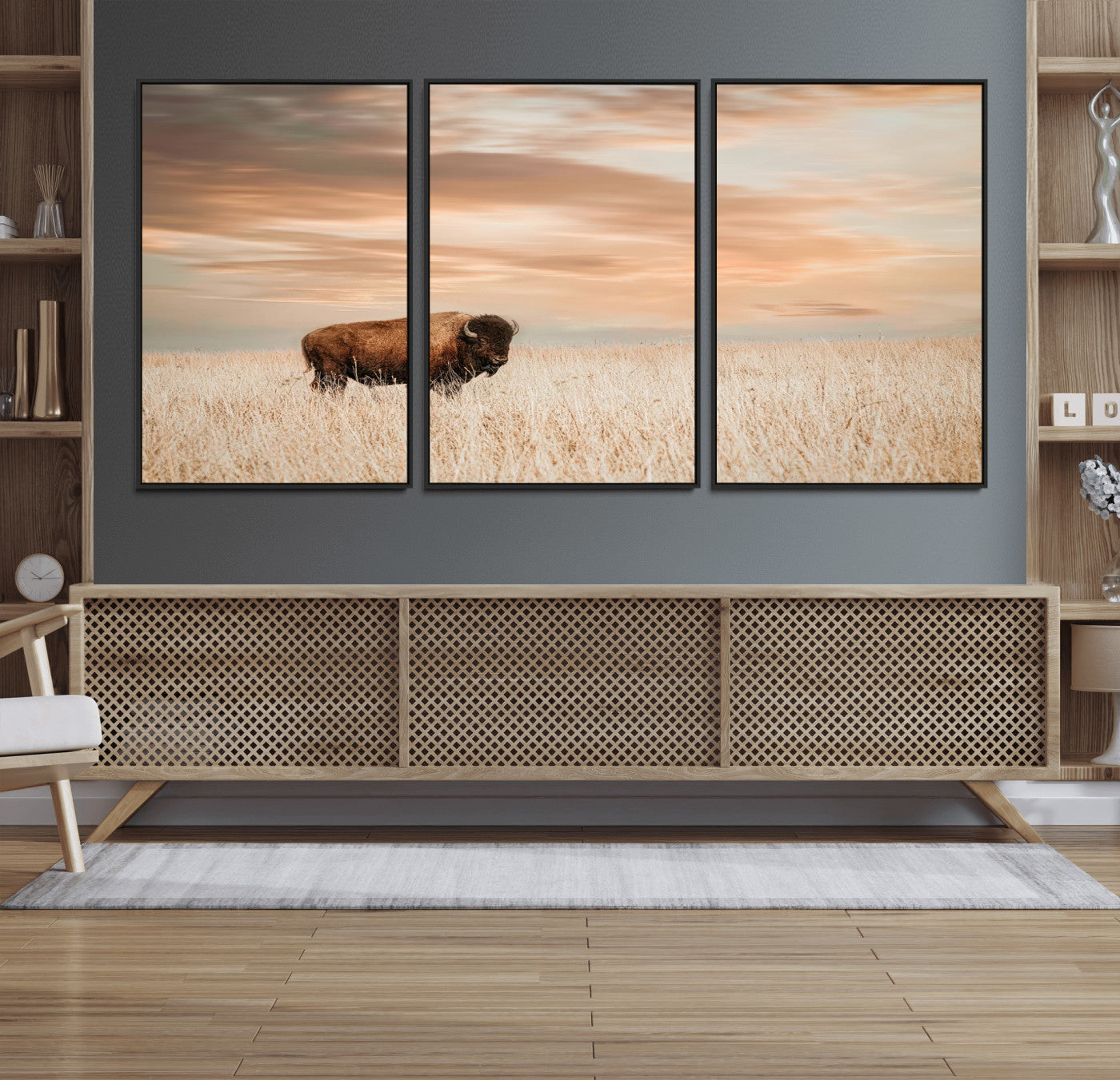 Bison Wall Art Print - Buffalo Canvas Print, featuring a lone bison in a golden prairie under a warm sunset sky, perfect for rustic and farmhouse decor.