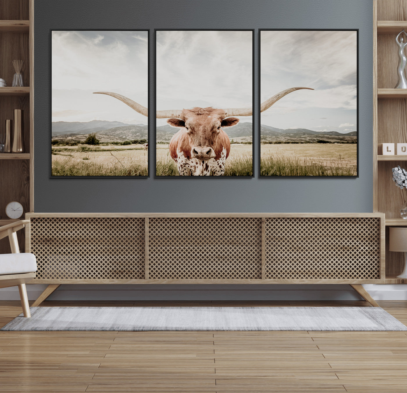 Longhorn Wall Art Print - Western Cow Canvas Print, featuring a majestic Texas longhorn in a rustic prairie setting, perfect for farmhouse and western decor.