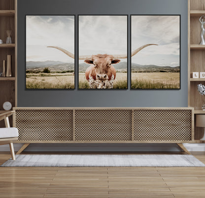 Longhorn Wall Art Print - Western Cow Canvas Print, featuring a majestic Texas longhorn in a rustic prairie setting, perfect for farmhouse and western decor.
