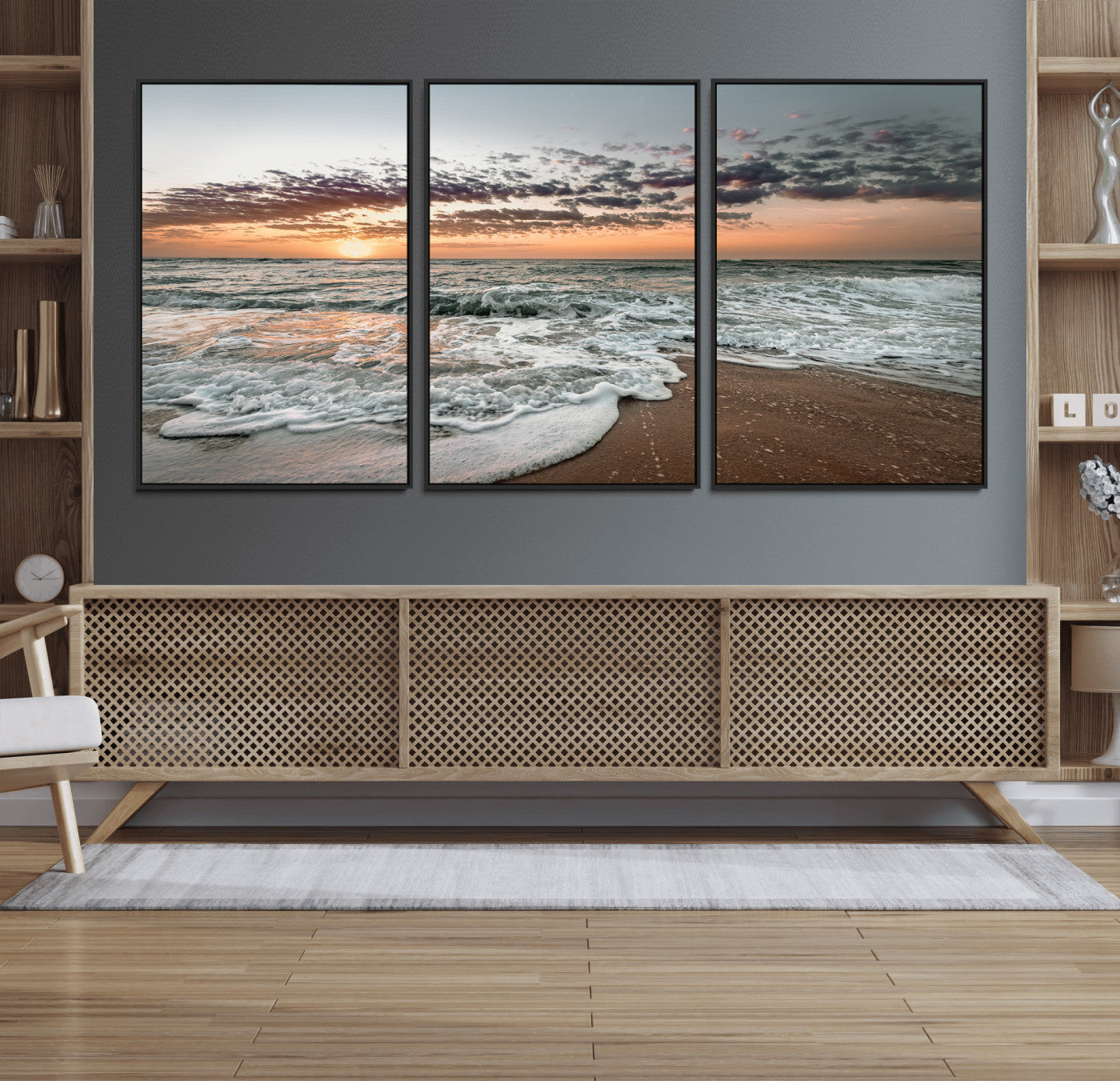 Ocean Sunset Wall Art Print - Beach Waves Canvas Print, featuring a serene seascape with golden sunlight reflecting on gentle waves, perfect for coastal and minimalist decor.