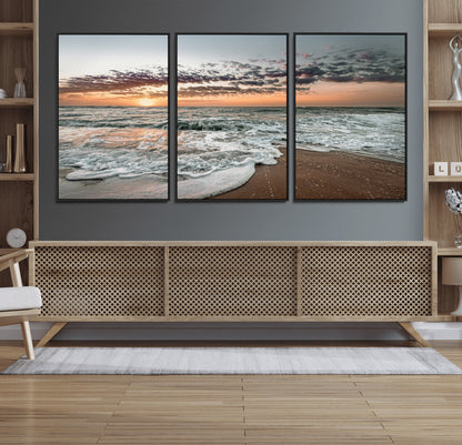 Ocean Sunset Wall Art Print - Beach Waves Canvas Print, featuring a serene seascape with golden sunlight reflecting on gentle waves, perfect for coastal and minimalist decor.