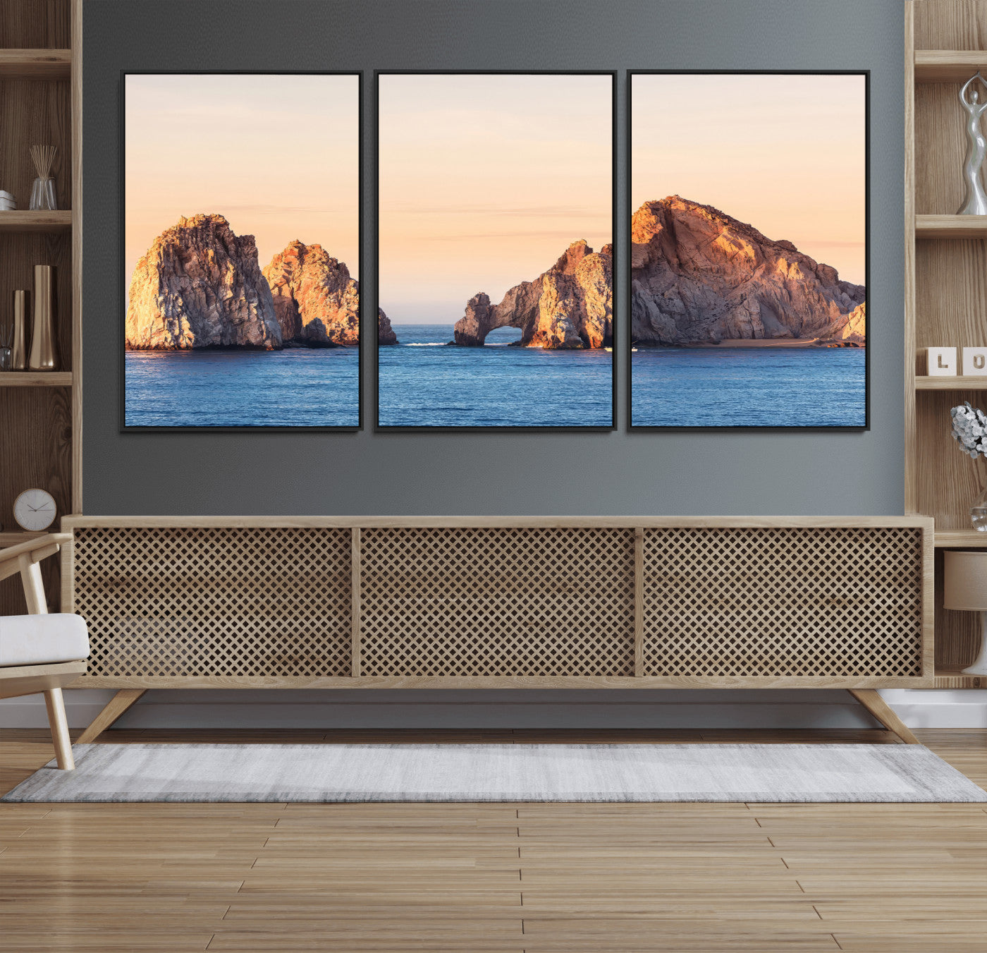 Framed canvas of El Arco rock formation in Cabo San Lucas at golden hour, ideal for coastal landmark or ocean-inspired decor.