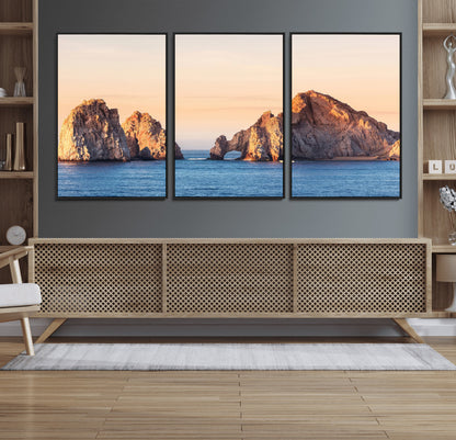Framed canvas of El Arco rock formation in Cabo San Lucas at golden hour, ideal for coastal landmark or ocean-inspired decor.