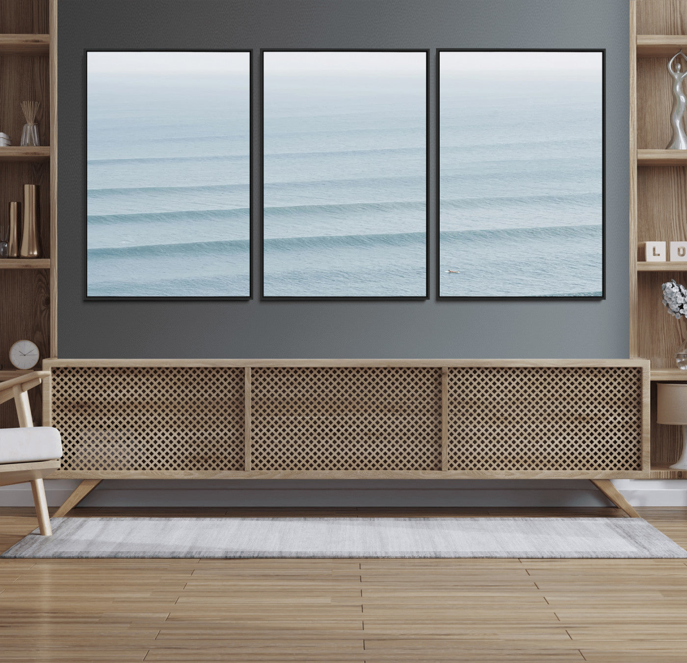 Framed canvas of repeating ocean waves with a distant solo surfer, ideal for minimalist ocean or calm coastal wall decor.